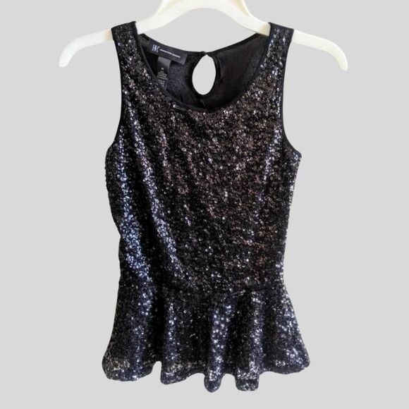 INC Sequin Peplum Top Women’s Size XS Black Sleeveless Sparkle Blouse Keyhole - Picture 2 of 9